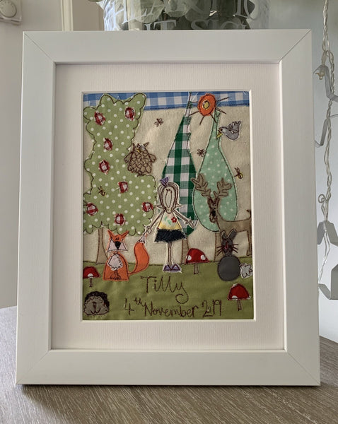 Freehand machine embroidered picture, woodland animal