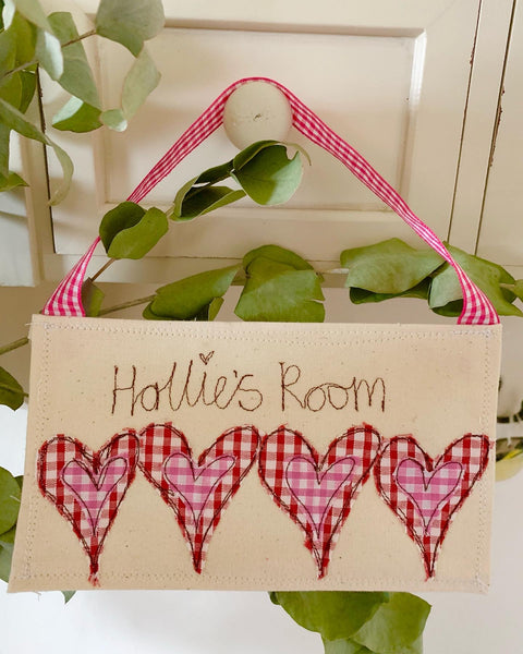 Girls personalised fabric doorname, hearts