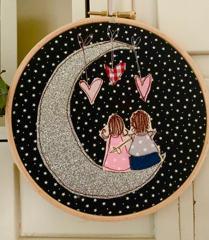 Moon and Couple embroidery hoop