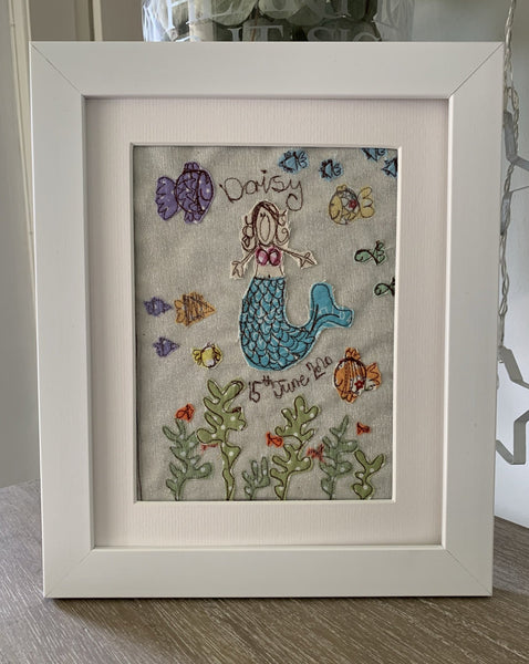 Freehand machine embroidered picture, mermaid