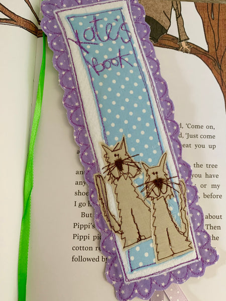 Machine embroidered personalised bookmark, cats