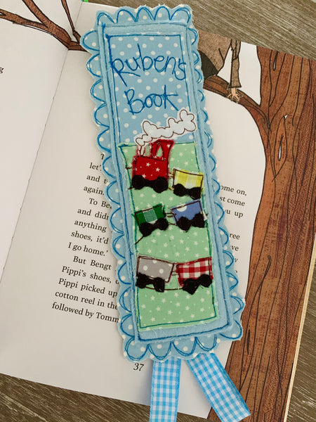 Machine embroidered personalised bookmark, train