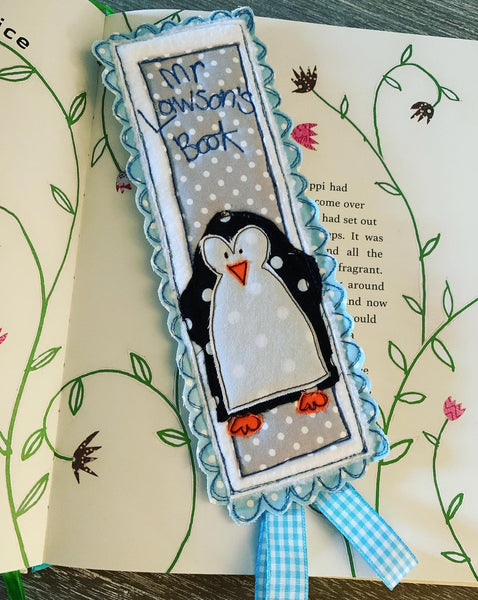 Machine embroidered personalised bookmark, penguin