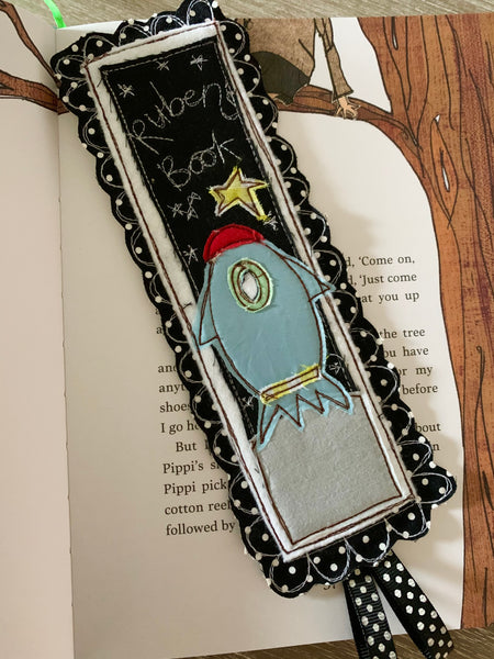 Machine embroidered personalised bookmark, spaceship