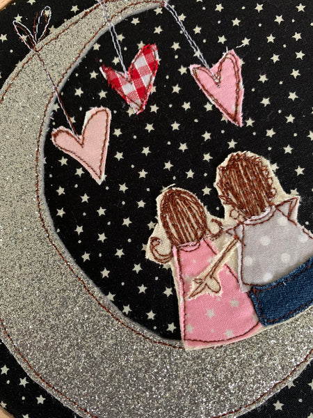 Moon and Couple embroidery hoop