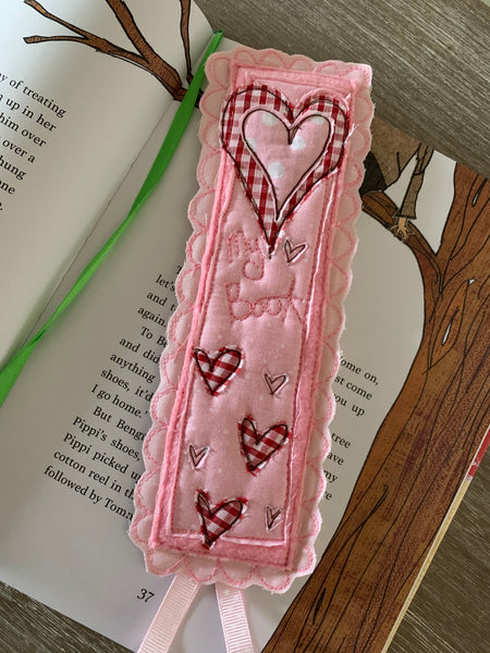 Machine embroidered personalised bookmark, hearts