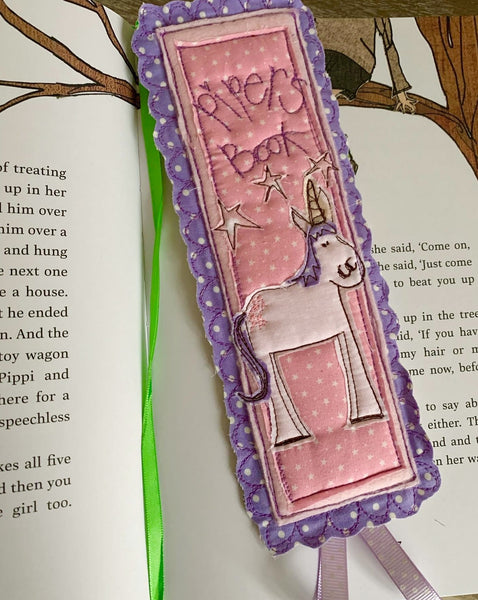 Machine embroidered personalised bookmark, unicorn