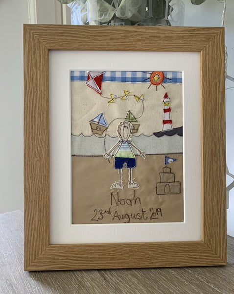 Personalised embroidered boy picture, beach