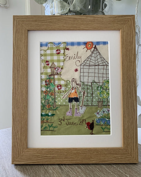 Freehand machine embroidered picture, gardening