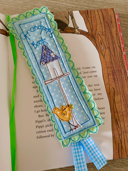 Machine embroidered personalised bookmark, bird house