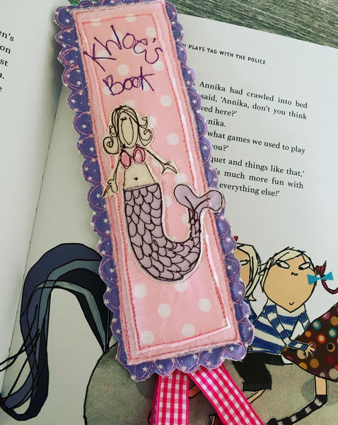 Machine embroidered personalised bookmark, mermaid