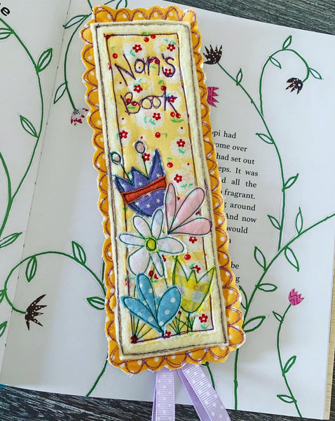 Machine embroidered personalised bookmark, flowers