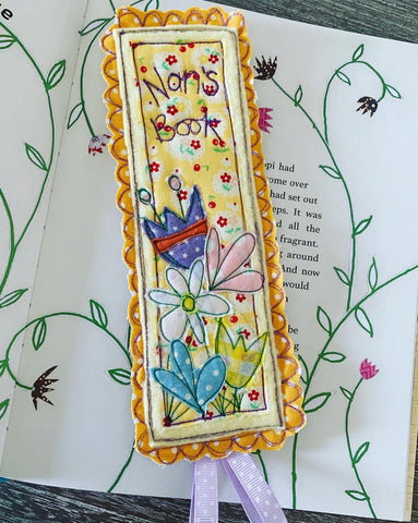 Machine embroidered personalised bookmark, flowers
