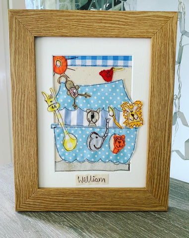Noah's Ark personalised machine embroidered picture, in blue