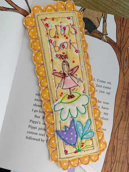 Machine embroidered personalised bookmark, flower fairy