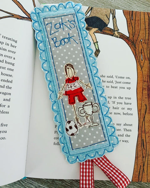 Machine embroidered personalised bookmark, footballer