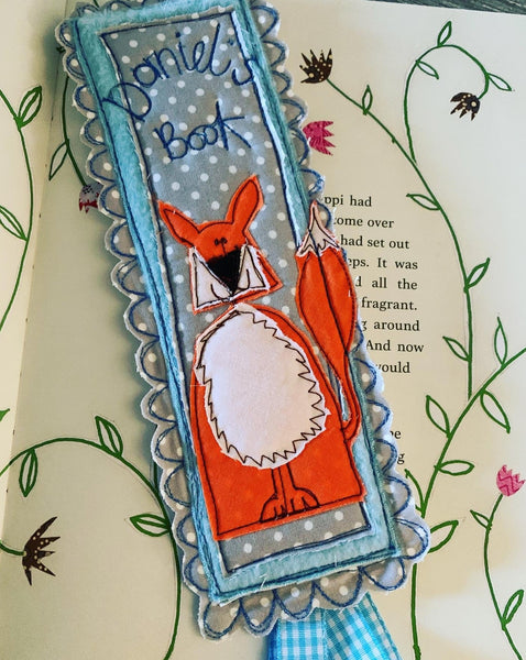 Machine embroidered personalised bookmark, fox
