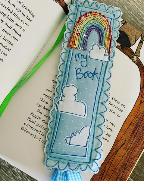 Machine embroidered personalised bookmark, rainbow