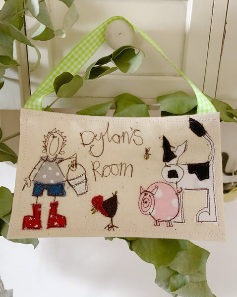 Boys personalised fabric doorname, farm animals