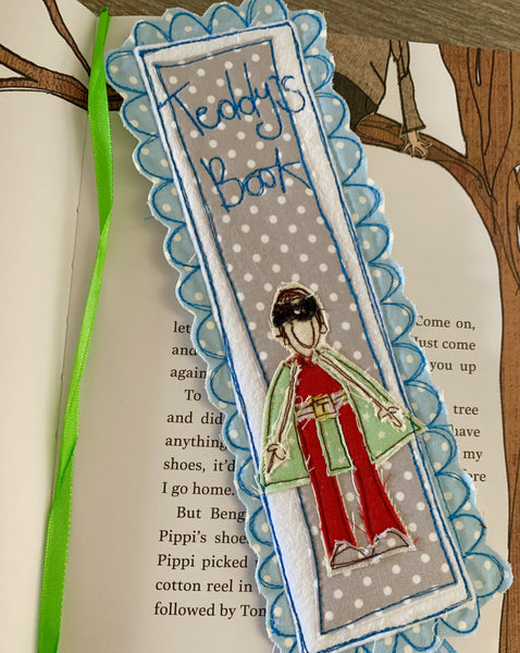 Machine embroidered personalised bookmark, super hero